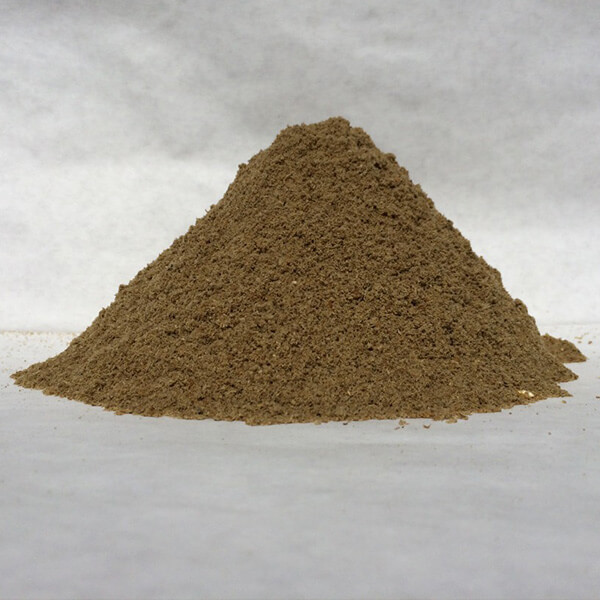 A photo of processed, dark brown hydrolyzed feather meal powder